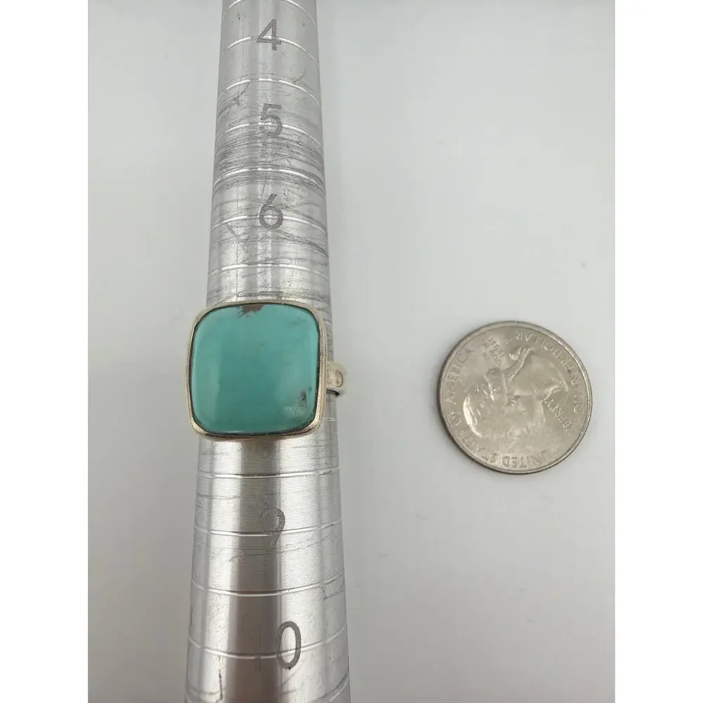 Sterling Silver Cushion Cut Turquoise Bezel Ring Size 8.5